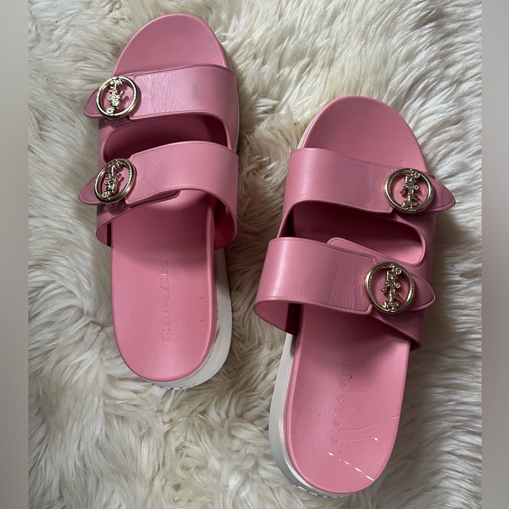 Coach slides with white soles and gold hardware